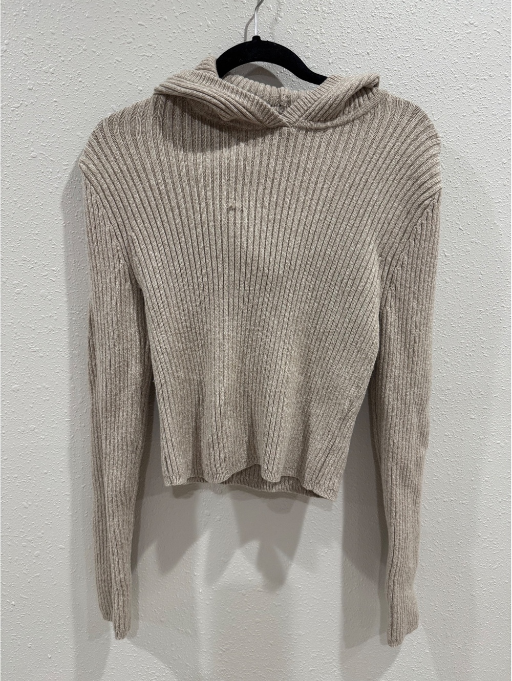 Aerie Ribbed Knit Lounge Set Hooded Sweater L Wide Leg Pants M Beige Taupe
